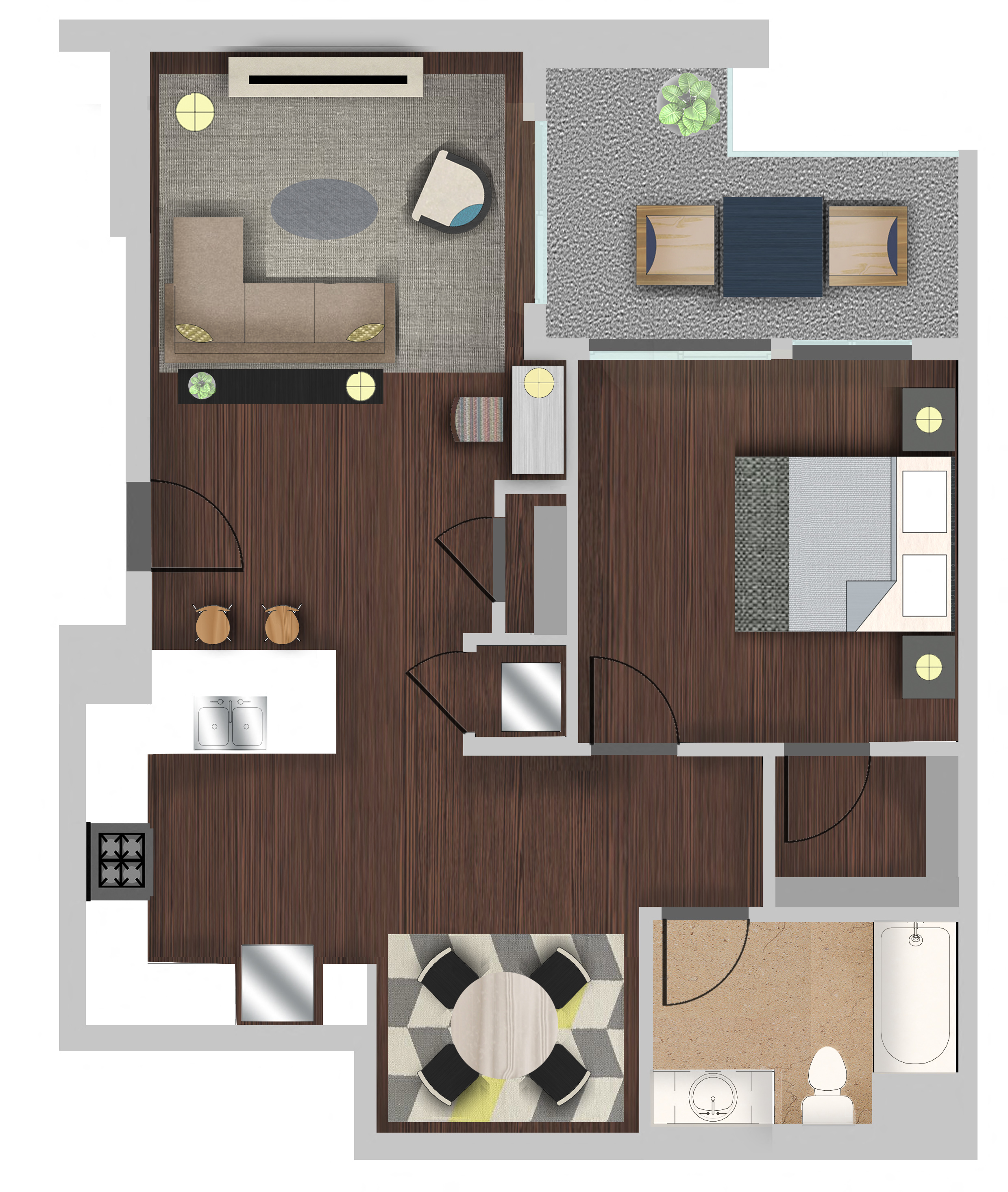 Floor plan for 1 bed, 1 bath, 879 sqft